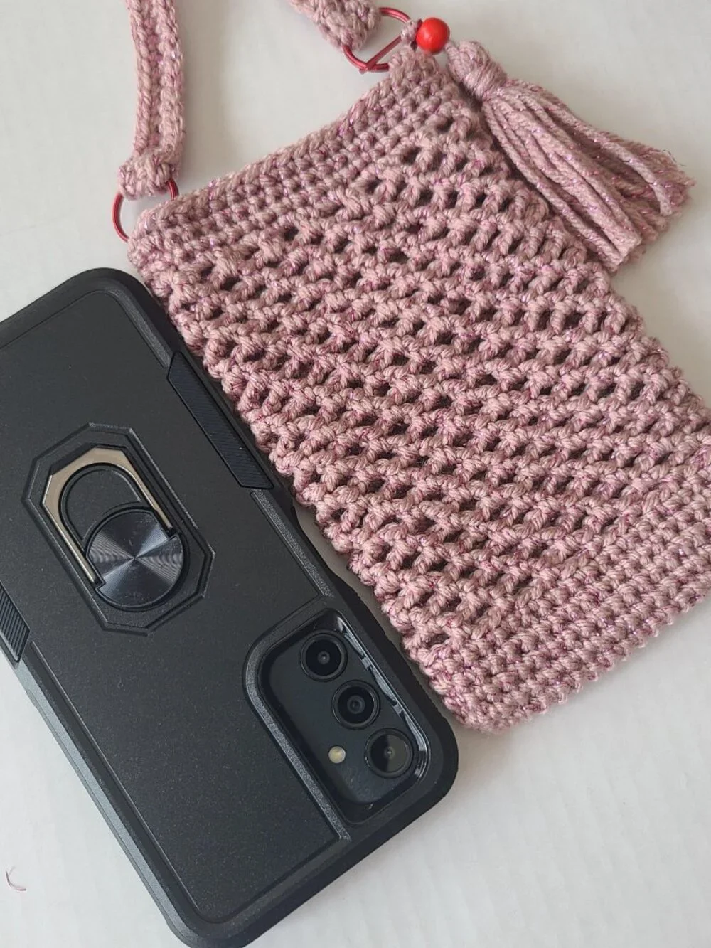 Handmade Hand Crochet Cell Phone Case Holder Crossbody Bag Dust Rose Charm